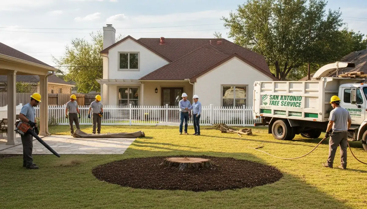 Tree removal cleanup and stump grinding results in San Antonio, TX showing restored landscaped yard