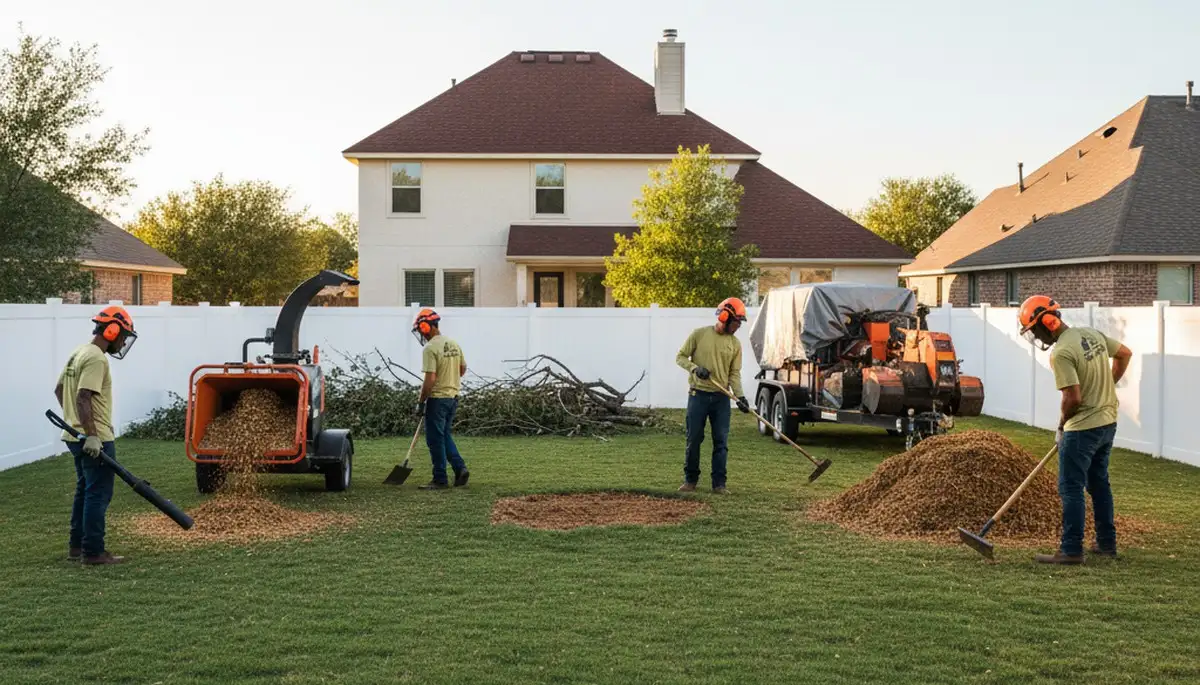 Completed tree removal and cleanup in San Antonio TX with stump grinding and yard restoration