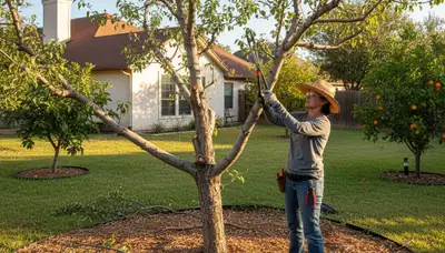 Arborist pruning fruit tree for healthy growth in San Antonio TX backyard orchard