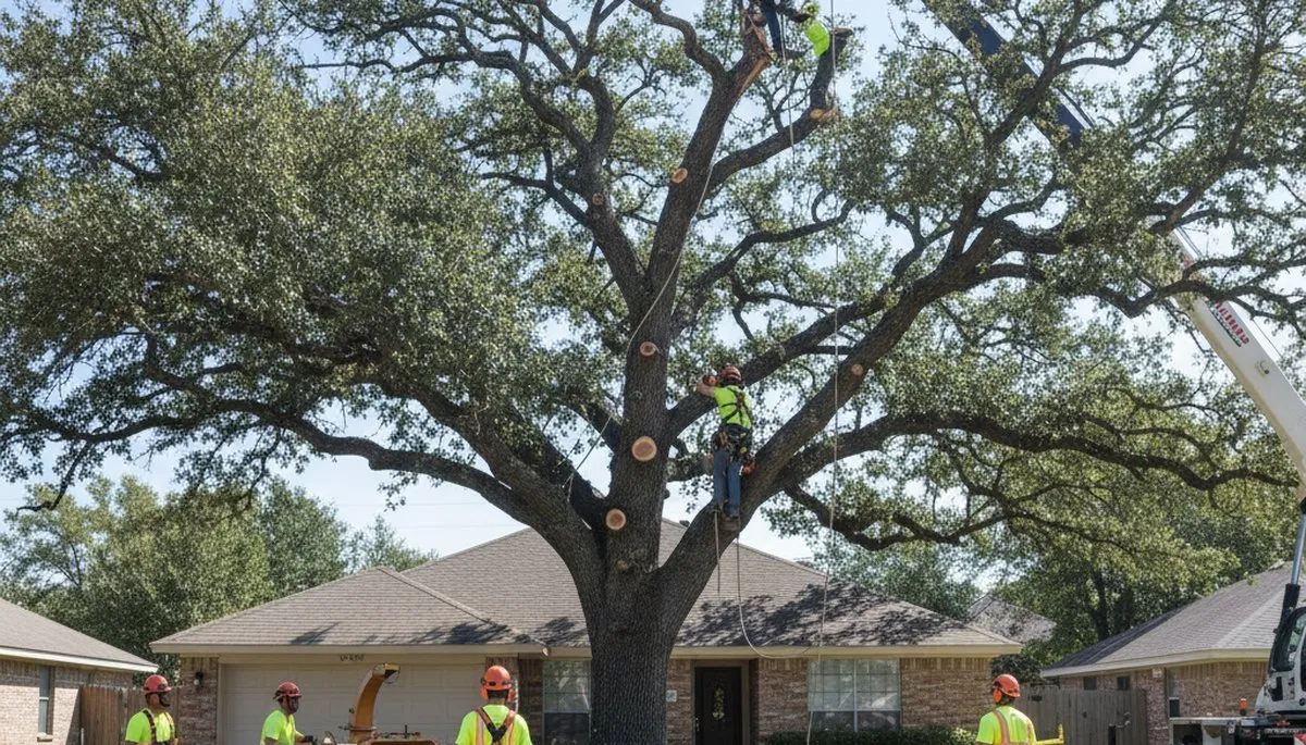 Arborists removing large tree with bucket truck in Lackland A F B, San Antonio TX tree removal service