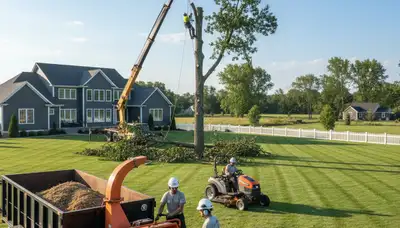 Professional lawn care and tree service team working in San Antonio, TX yard