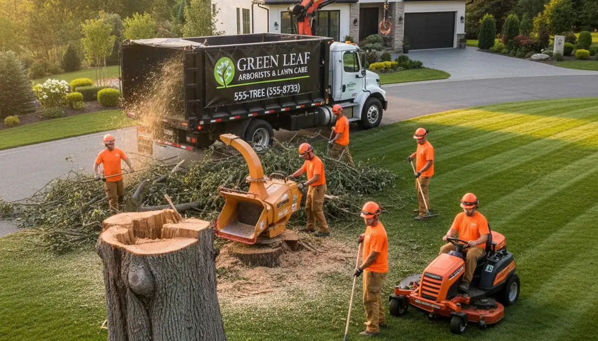 Professional lawn and tree service team caring for St. Augustine grass in San Antonio, TX