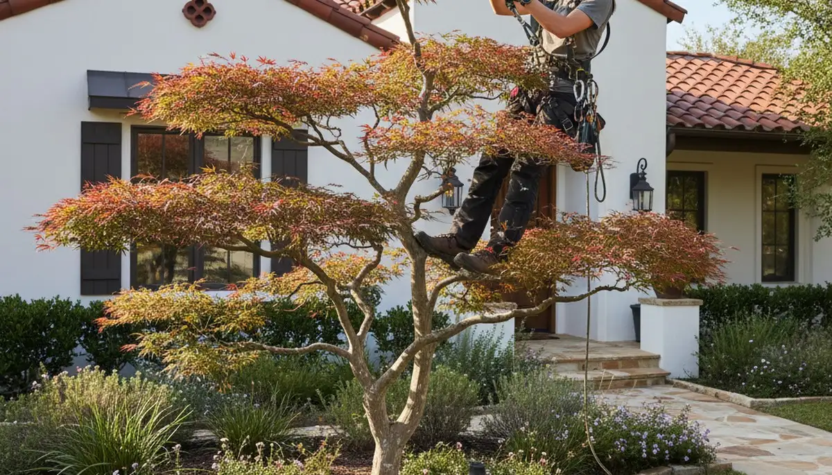 Arborist hand pruning ornamental tree for aesthetic shaping at a San Antonio TX residential property