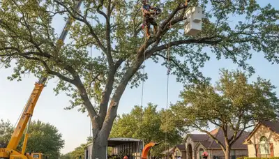 Professional arborists performing safe tree removal in San Antonio, TX with specialized equipment