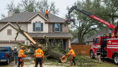 Emergency tree removal crew clearing storm damage in Schertz, TX near San Antonio homes