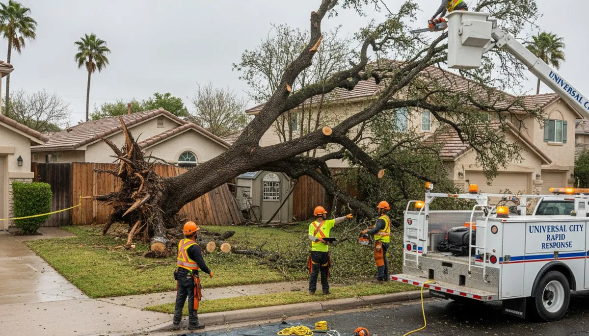 Emergency tree removal crew clearing storm-damaged yard in Universal City, TX near San Antonio