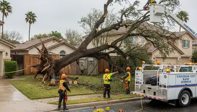 Emergency tree removal crew clearing storm-damaged yard in Universal City, TX near San Antonio