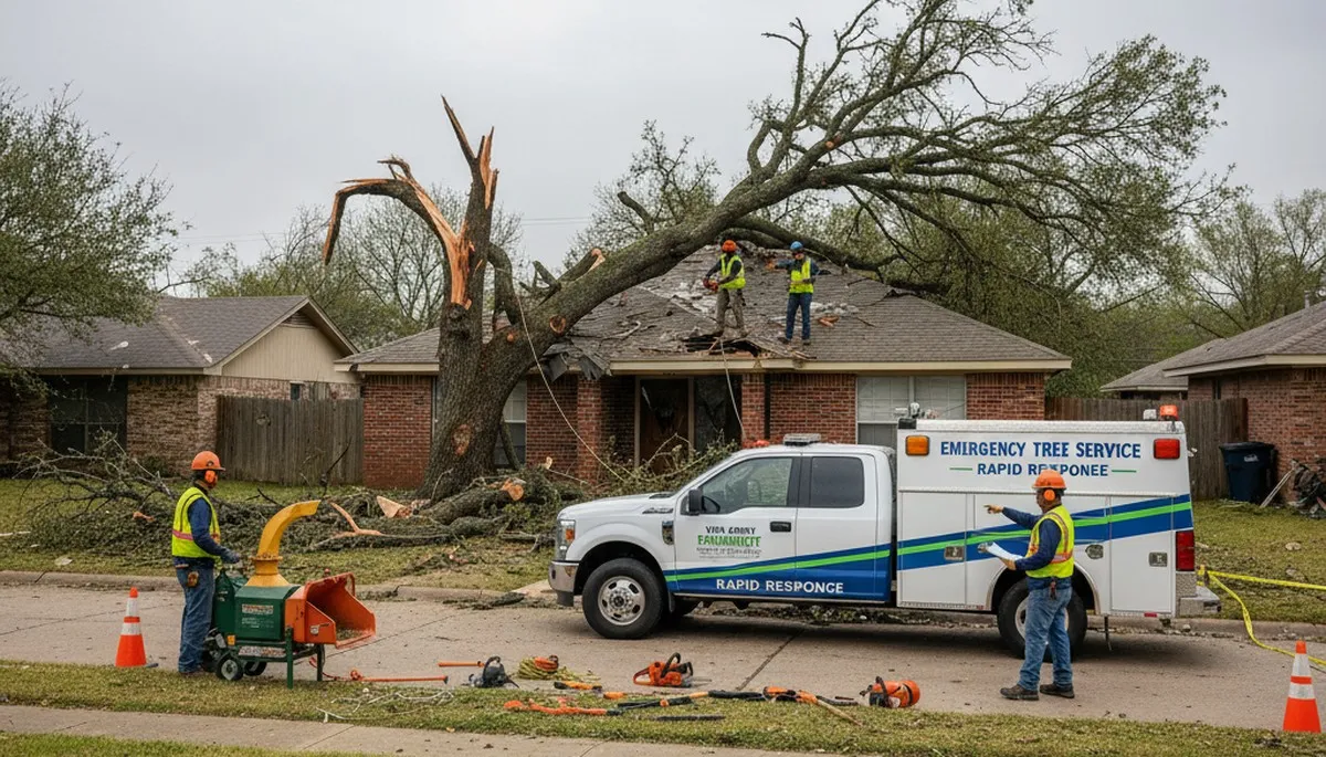 Emergency tree removal crew clearing storm damage in Von Ormy, San Antonio, TX after severe weather