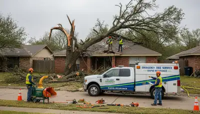 Emergency tree removal crew clearing storm damage in Von Ormy, San Antonio, TX after severe weather