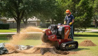 Professional stump grinding removing tree stumps in Converse, San Antonio, TX yard for lawn restoration