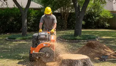 Professional stump grinding service removing tree stumps in Helotes, San Antonio, TX yard