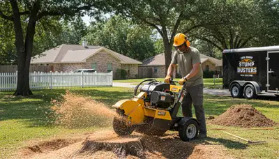 Professional stump grinding removing tree stumps on residential property in Von Ormy, San Antonio, TX