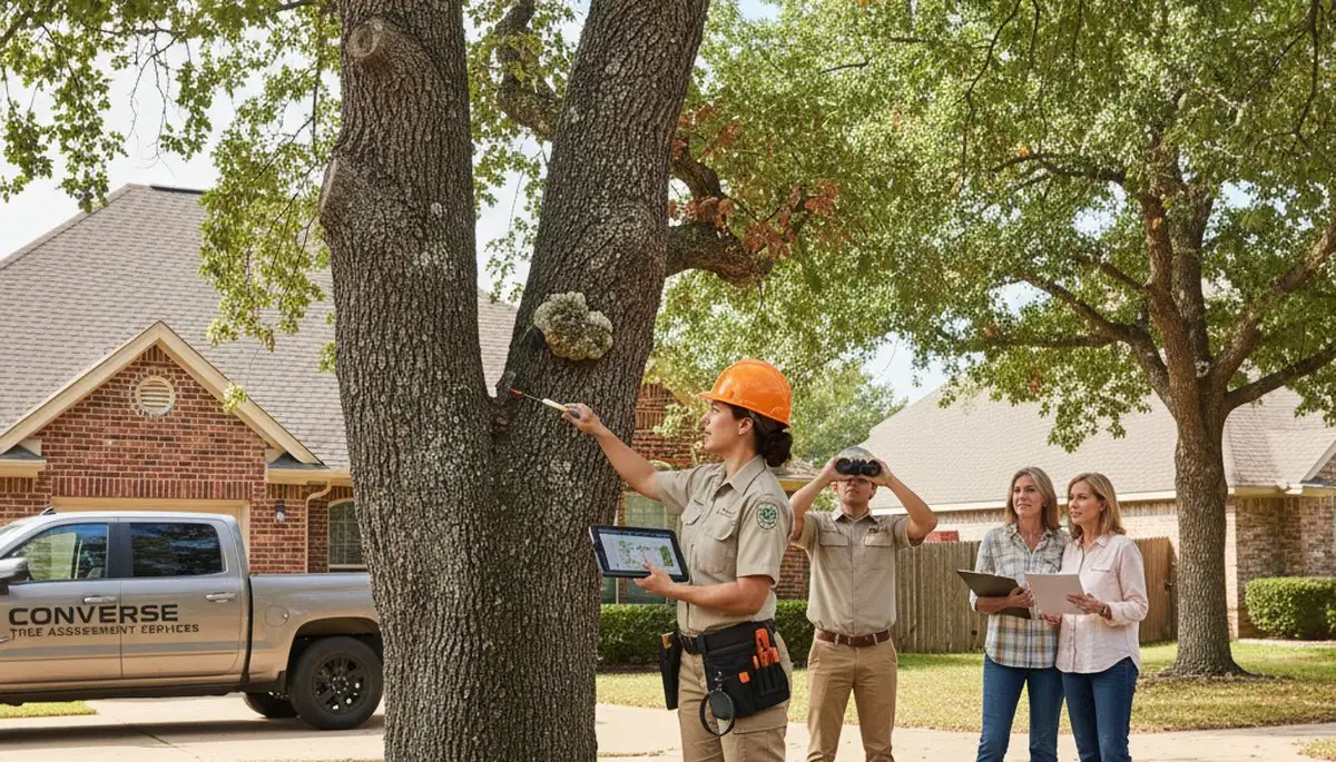 Certified arborist performing tree health assessment in Converse, San Antonio TX for local tree removal safety