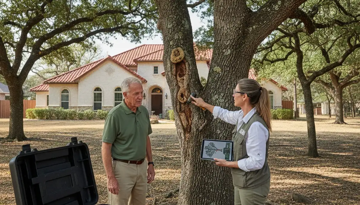 Certified arborist performing tree health assessment in Helotes, San Antonio, TX