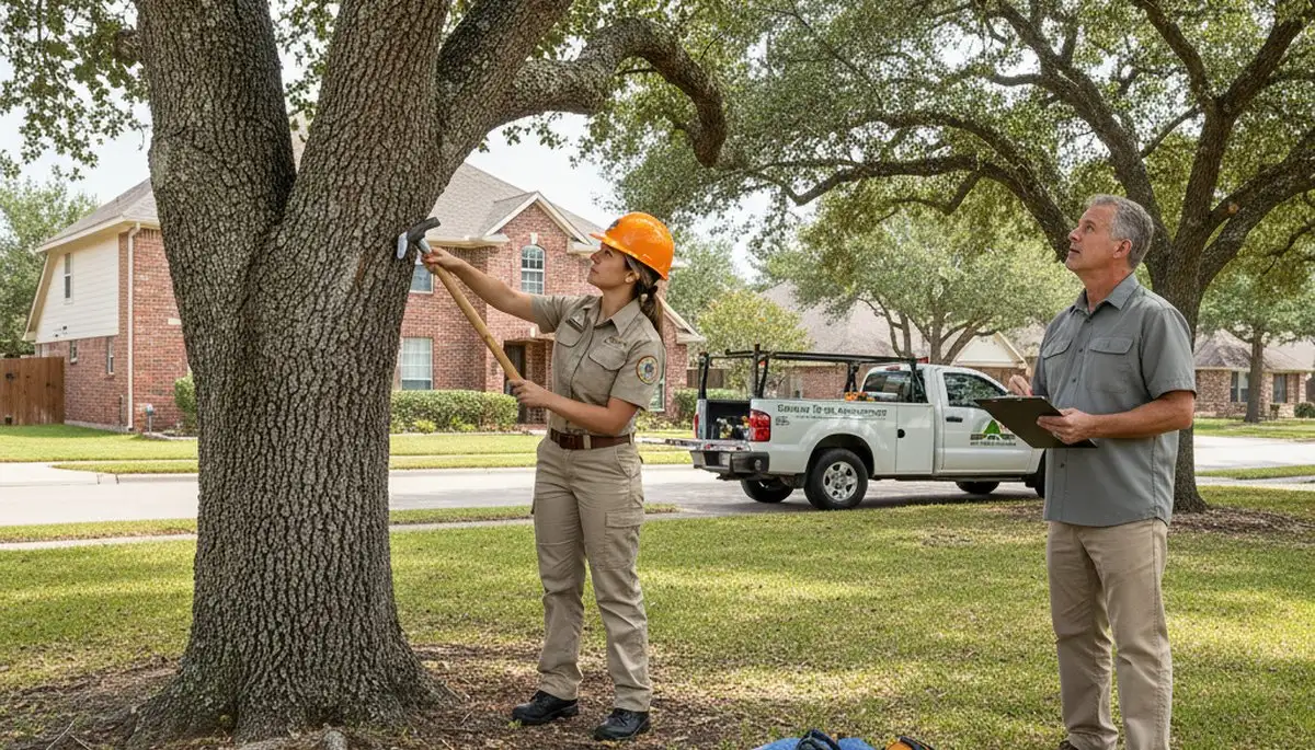 Certified arborist performing tree health assessment in Schertz, TX for trusted San Antonio tree service