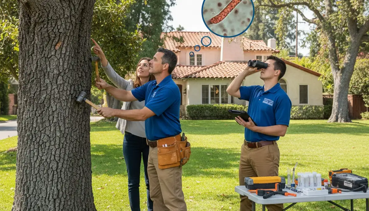 Certified arborist performing tree health assessment in Universal City, TX for San Antonio tree service