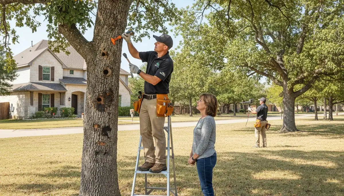 Certified arborist performing tree health assessment for homeowners in Von Ormy, San Antonio, TX