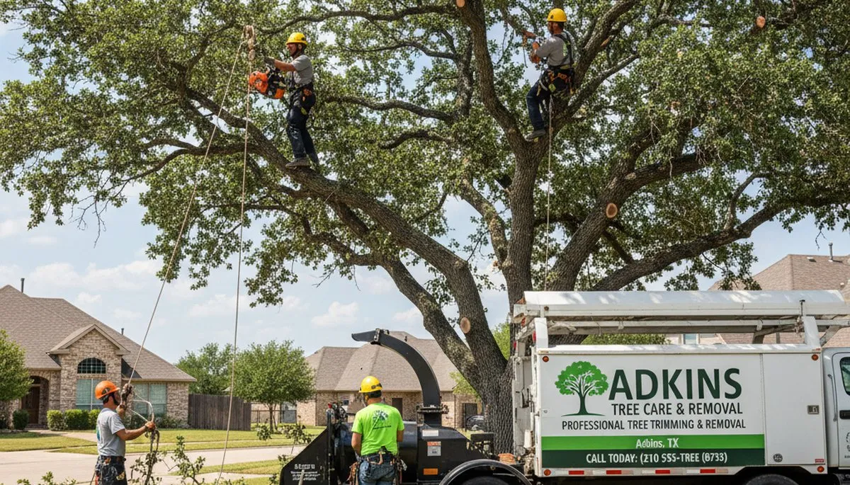 Professional tree removal service in San Antonio TX safely cutting large oak tree