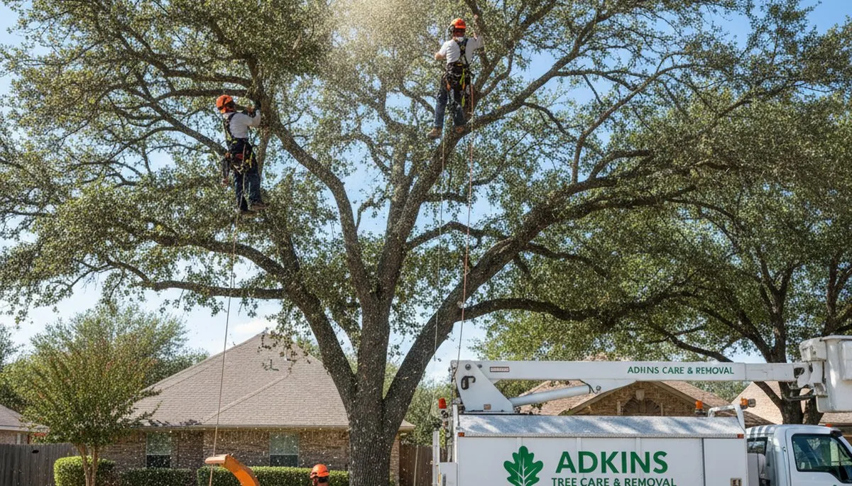 Professional tree removal service team working safely in San Antonio TX yard