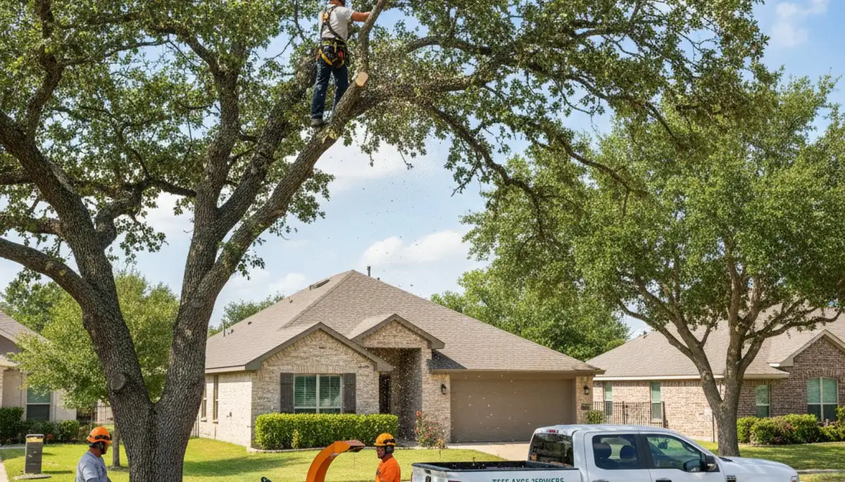 Professional tree removal service in San Antonio TX clearing large oak with expert crew and equipment