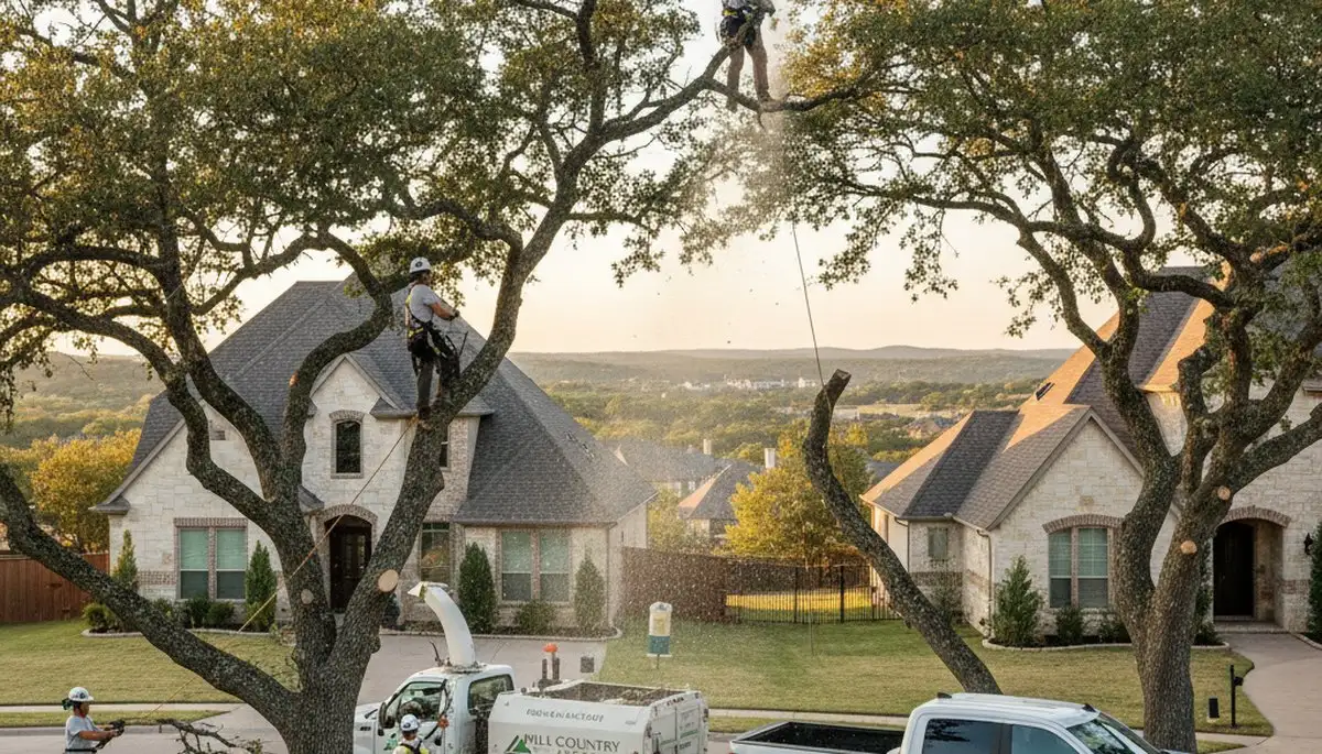 Professional tree removal service team in San Antonio TX clearing large oak safely