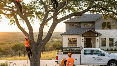 Professional tree removal service in San Antonio TX safely cutting and clearing large oak tree