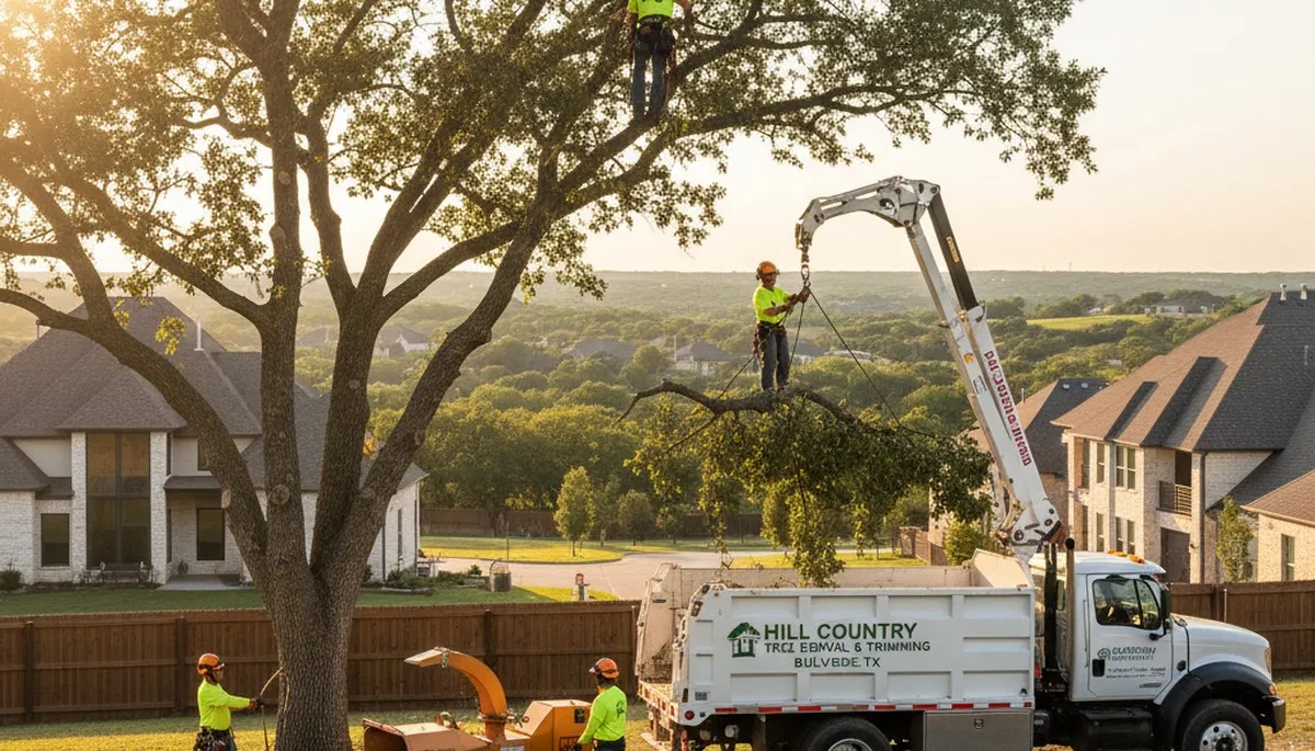 Professional tree removal service crew working in San Antonio TX residential neighborhood