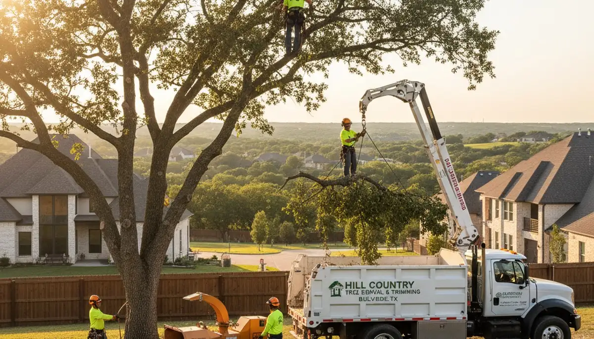 Professional tree removal service crew working in San Antonio TX residential neighborhood
