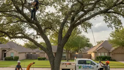 Professional tree removal service in San Antonio TX safely cutting and clearing large oak tree