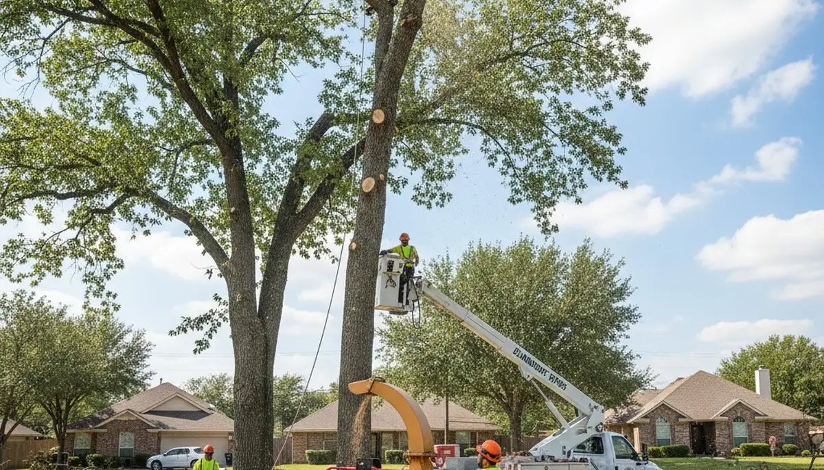 Professional tree removal service in San Antonio TX safely cutting and clearing large oak tree