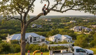 Professional tree removal service in San Antonio TX safely clearing large oak trees