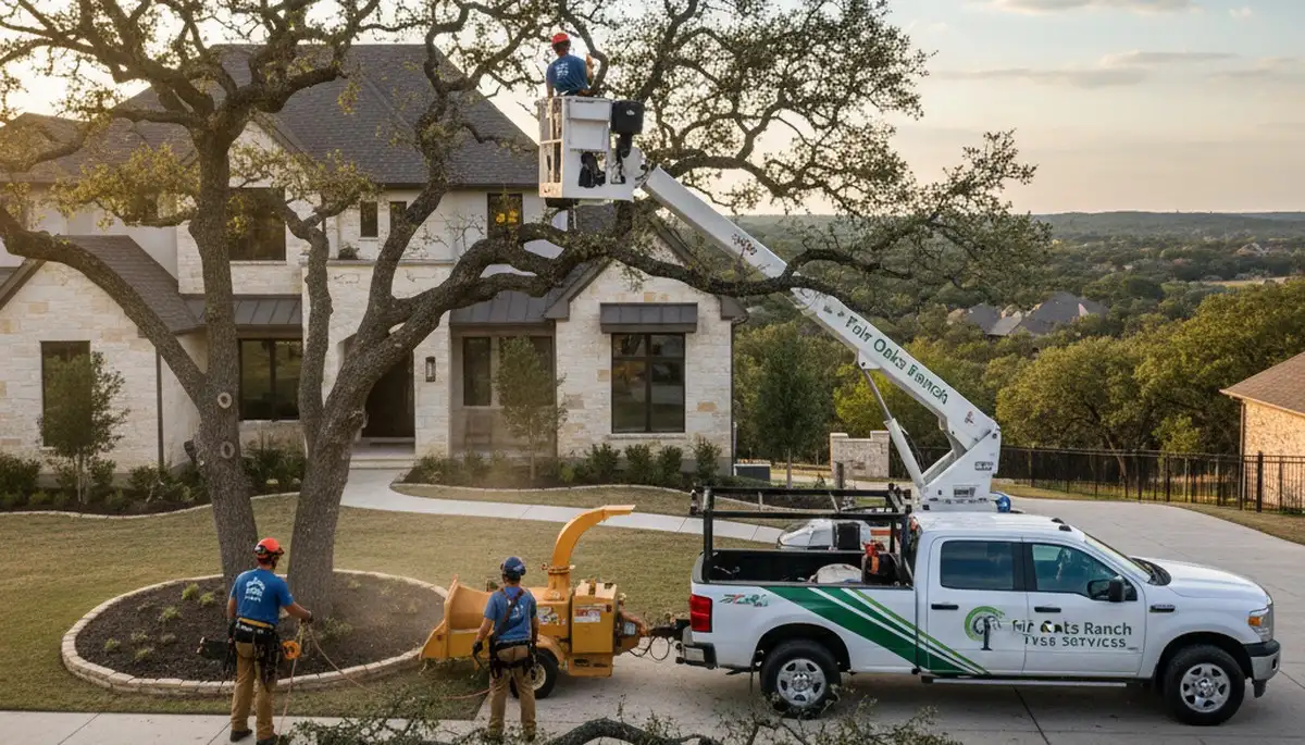 Professional tree removal service team in San Antonio TX clearing large oak tree safely