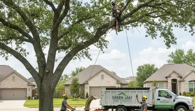 Arborist performing professional tree trimming in San Antonio, TX for residential landscape care
