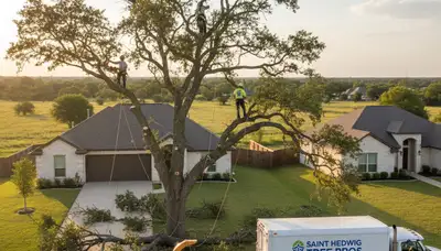 Professional tree removal service crew working safely in San Antonio TX yard