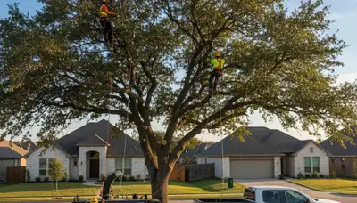 Professional tree removal service in San Antonio TX safely cutting and clearing large oak tree